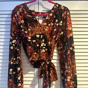 Red and Brown Wrap Blouse with Tie Front